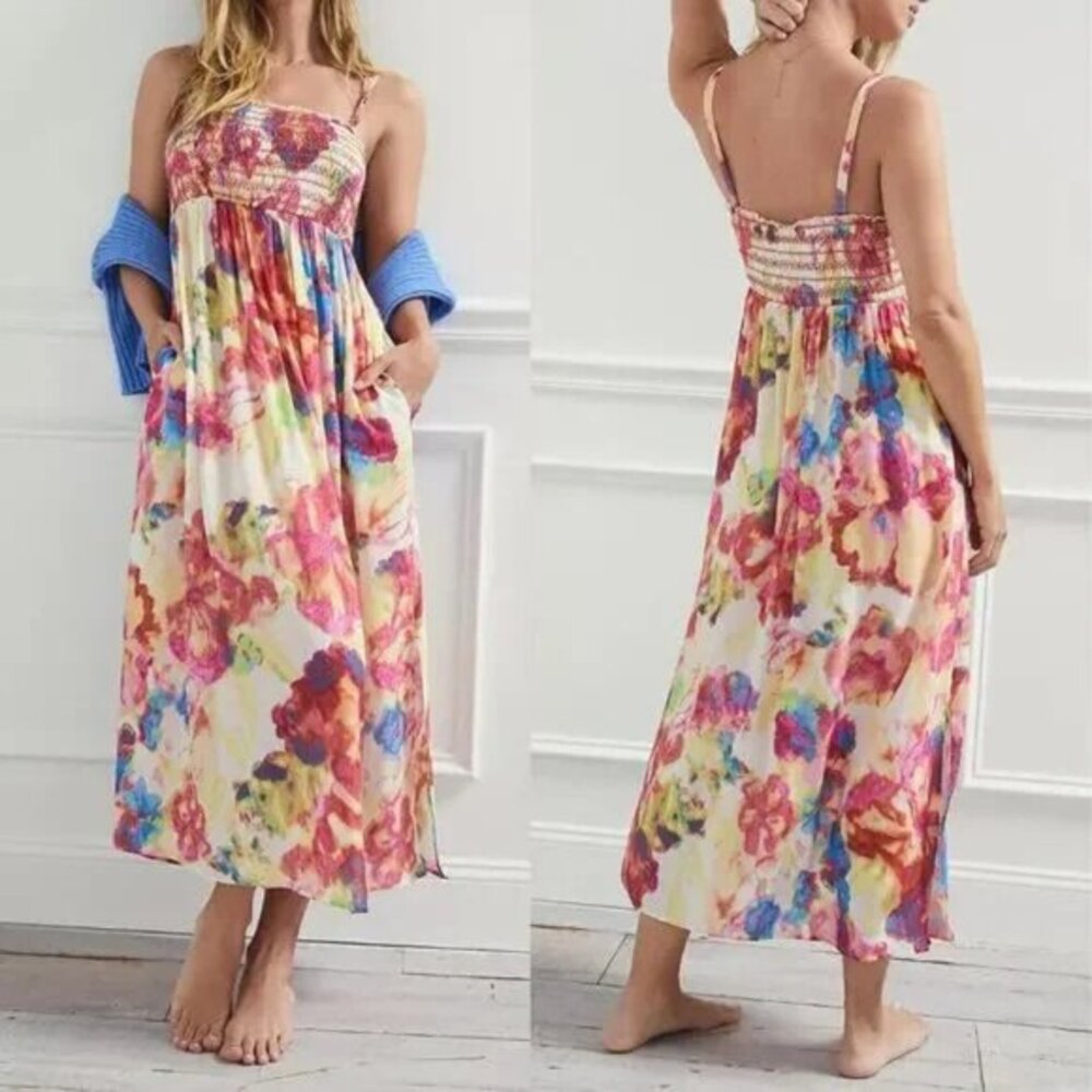 Anthropologie Zinnia Midi Dress Size XS Watercolor Floral Smocked Summer Pockets